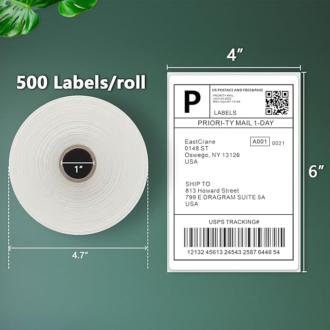 4x6 Thermal Shipping Lables Roll, 500 Labels/Roll,Compatible with Rollo Zebra MUNBYN JADNES Phomemo IDPRT,Commercial Grade,Permanent Adhesive,Perforated