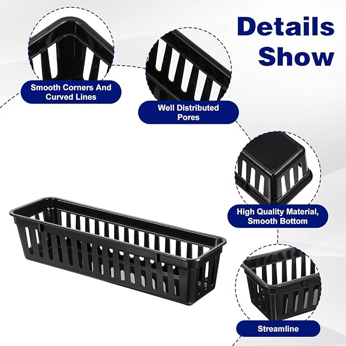 Kifmurase 24PCS Slim Storage Baskets Tray, 10x3x2.4 Inch Flat Plastic Storage Bin, Stackable Narrow Rectangular Desk Drawer Organizer Trays for Makeup Bathroom Kitchen Office Desktop Supplies(Black)