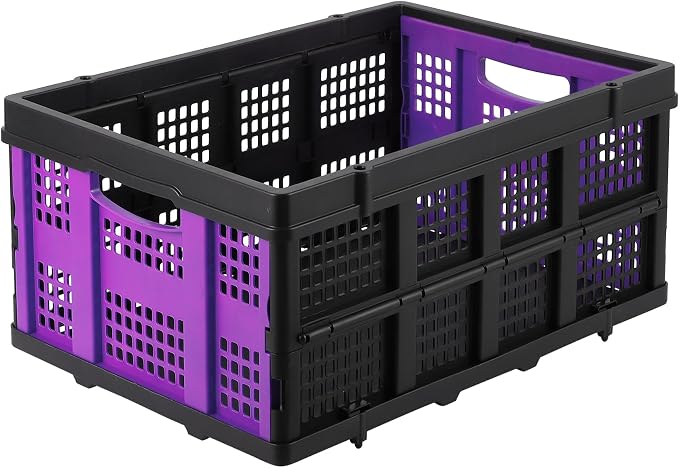 Heavy Duty Collapsible Storage Crate 55L – Stackable Collapsible Plastic Bin with Handles – Multi-Purpose Organizer for Home, Kitchen, Garage, Office, Camping – Extra-Thick Design – Purple
