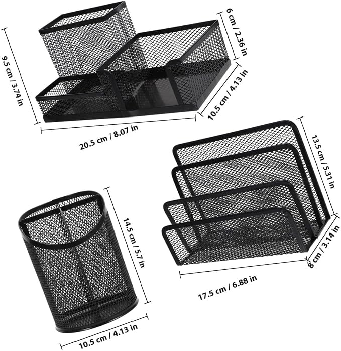 3Pcs Mesh Desk Organizer Pen Holder Set with Multi-Compartment Storage, Black Metal Office Supply Organizers for Student and Office Desk Use