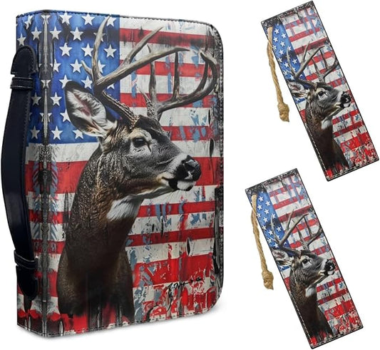 Lotusorchid American Flag Deer Print Bible Cover with Matched Book Marks for Women, PU Leather Bible Carrying Case Bible Bag for Men Protective Bible Case with Pen Storage, Size 2XL