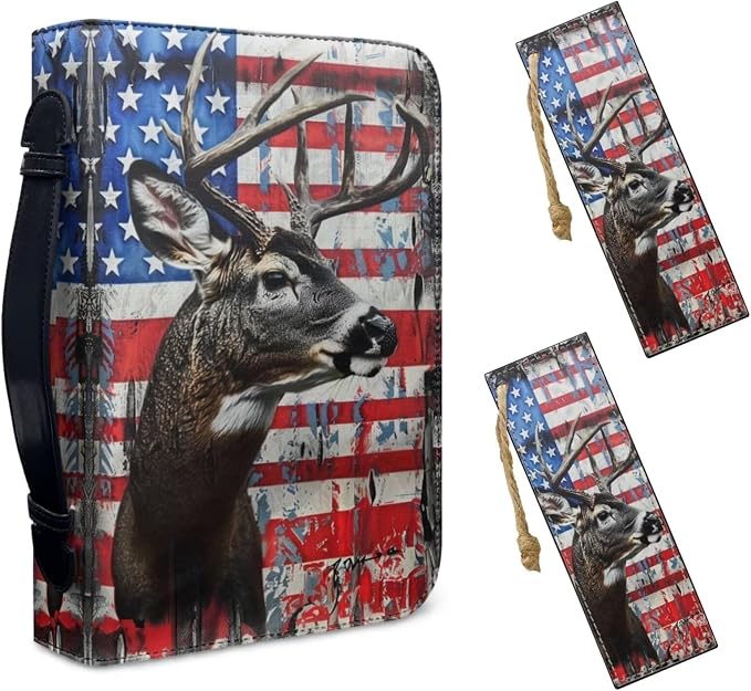Lotusorchid American Flag Deer Print Bible Cover with Matched Book Marks for Women, PU Leather Bible Carrying Case Bible Bag for Men Protective Bible Case with Pen Storage, Size M