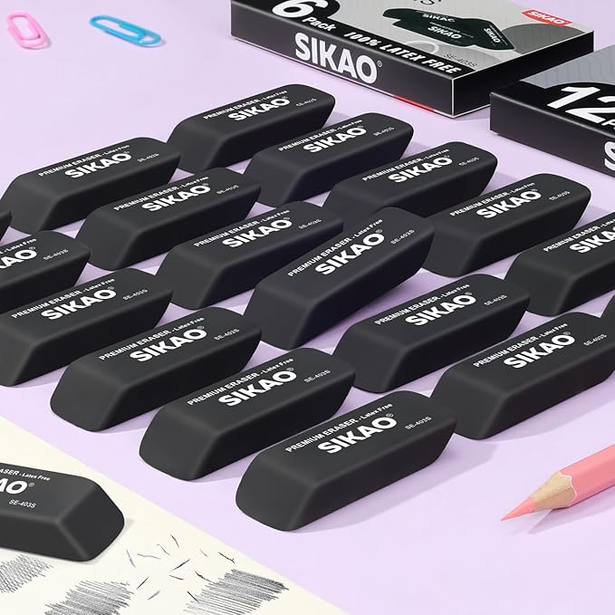 Black Erasers, 12 Pack Pencil Erasers for Kids – Latex-Free & Smudge-Free Beveled Rubber Erasers for School Supplies, Classroom, Office & Homework