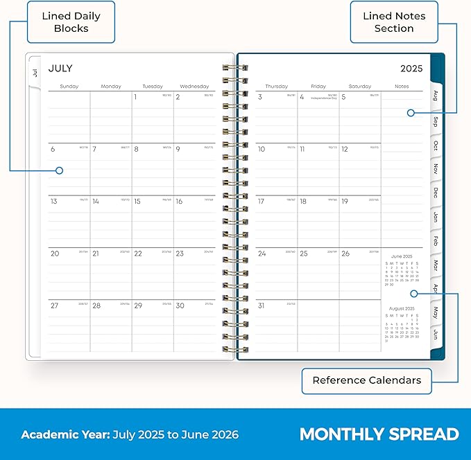 Blue Sky 2025-2026 Weekly and Monthly Academic Year Planner Calendar, July 2025 - June 2026, 5" x 8", Flexible Cover, Wirebound, Laminated Tabs, Bakah Blue