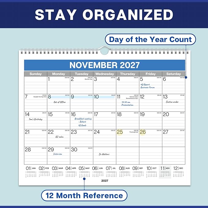 Dunwell 2026-2027 Wall Calendar 12x15 (Blue), July 2026 to December 2027, 12 x 15 Large Lined Monthly Academic Hanging Calendar, Professional Style for Home, Office, School or Organization