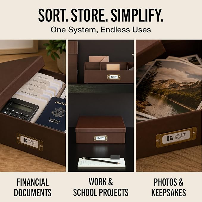 Bigso Oskar Fiberboard Document Storage Box with Lid for A4 and Letter Size Papers - Stylish, Sturdy, and Stackable Keepsake Box with Label Holder - W10.2in x D13.8in x H3.3in - Recycled Leather