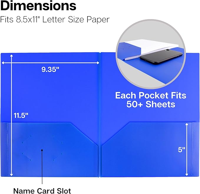 Dunwell Plastic 2-Pocket Folders (6 Pack, Assorted Colors), 8.5x11 Document Folders for School and Office, Heavy Duty Poly, Long Lasting, Includes Labels
