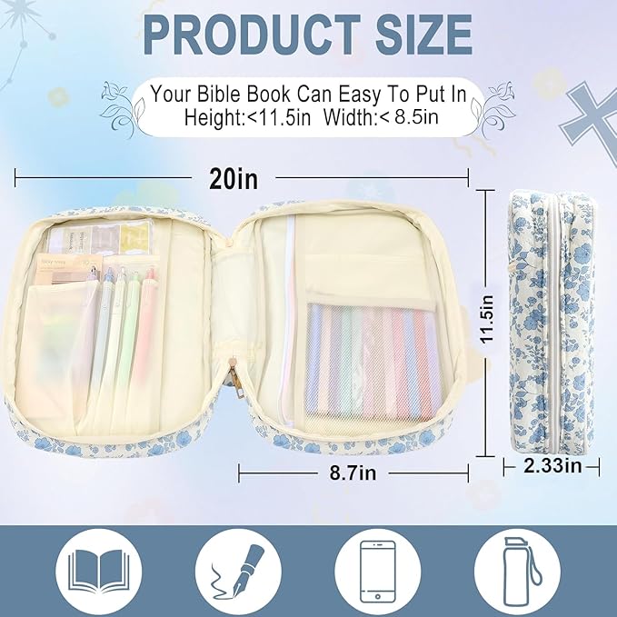 Zkptops Bible Cover Case for Women Girls Large Bible Bag Blue Cotton Quilted Floral Bible Carrying Case with Zipper Pocket and Handle Carrying Book Cover for Christian Study Supplies Christian Gift