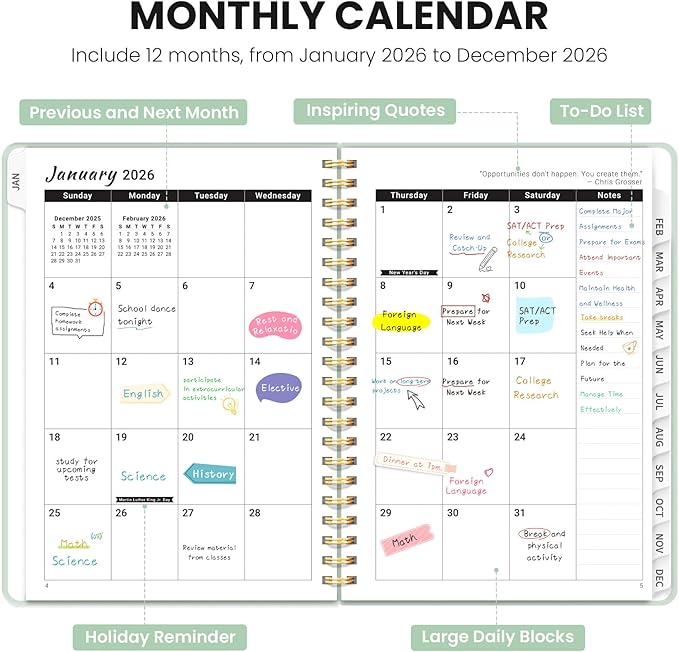 2026 Planner - Weekly and Monthly Planner, January 2026 to December 2026, Spiral Bound 2026 Calendar Planner Book, Inner Pocket, Perfect for Office Home School Supplies - A5 (6.3" x 8.5"), Mint