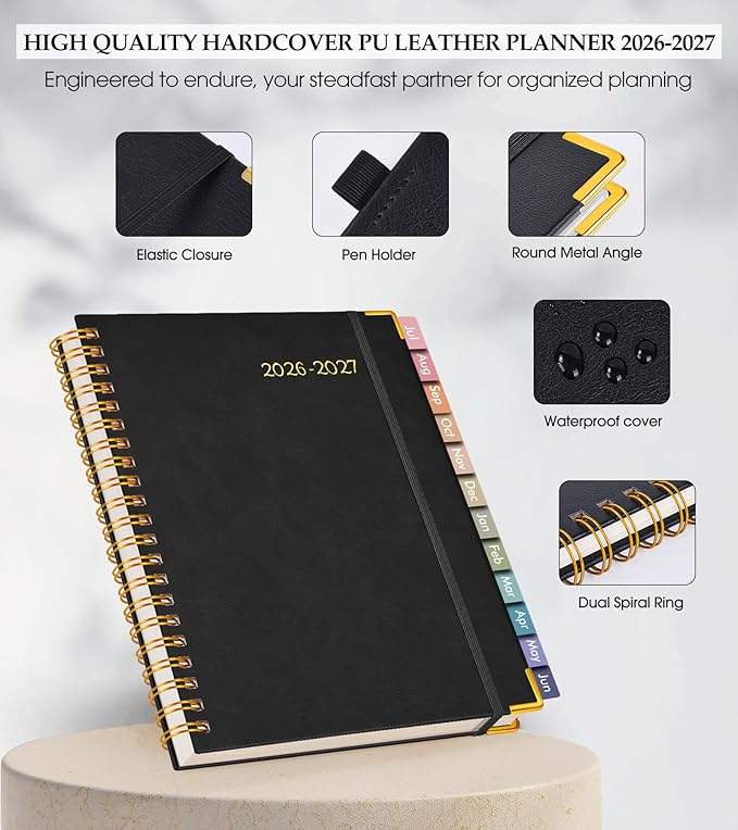 Academic Planner 2026-2027, Hardcover Leather Weekly and Monthly Calendar Planner from July 2026 - June 2027, A5 6.1" x 8.2" Daily Agenda with Tabs, College School Organizer for Student Teacher, Black