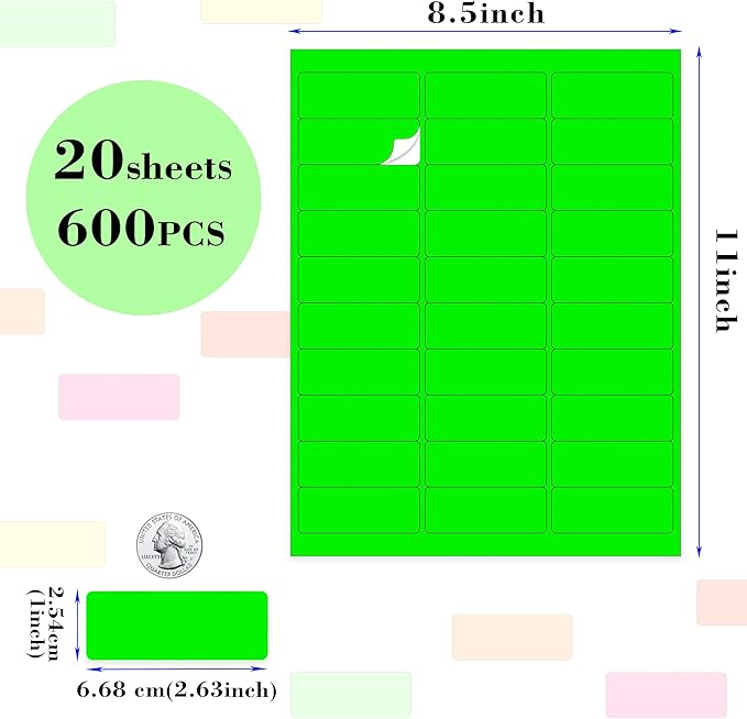 YSHIHE 1" x 2-5/8" Fluorescent Address Labels 5 Colors Neon Stickers for Inkjet or Laser Printer Moving Lables for Shipping Envelopes Envelopes and Organization - 20 Sheets 600 PCS