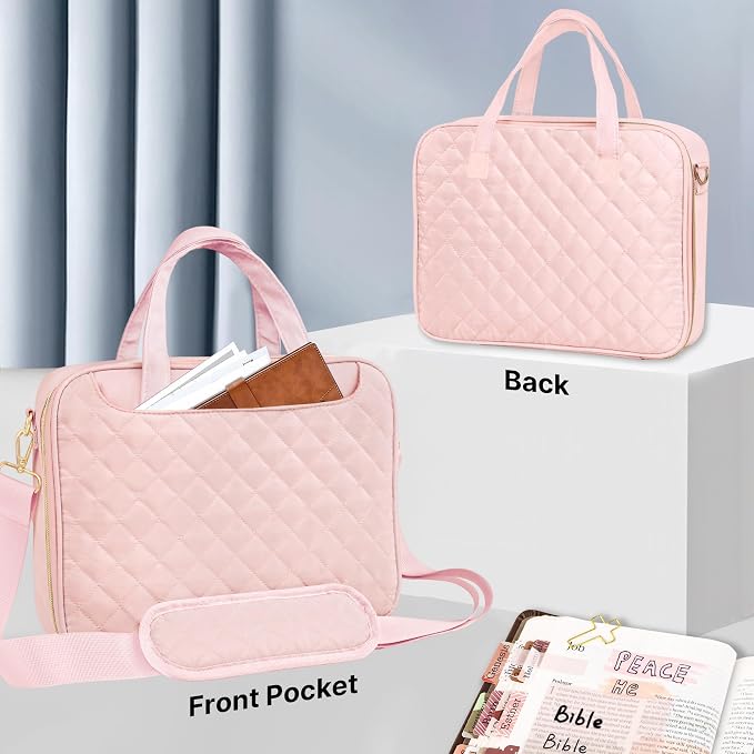 PUGPIU Bible Cover Case for Women, Large Quilted Bible Bag with Shoulder Strap and Handle, Bible Study Supplies Journaling Kit with Highlighters Pens No Bleed Tabs Notebook Cross Clips (Pink)