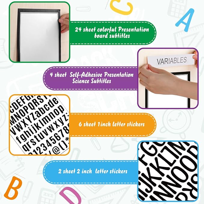 PerKoop 36 Sheets Science Fair Board Poster Boards Supplies 24 Self Adhesive Presentation Subtitles 4 Science Fair Project Titles 8 Personalized Letter Sticker for Classroom(Black)