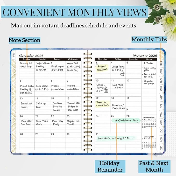 Planner 2026 Men & Women,Monthly and Weekly Agenda Calendar Planner,Jan 2026 to Dec 2026,A5 (6.3" x 8.5"),Hardcover Spiral Daily Planning Book with Tabs,for Office Home School,Sky Blue