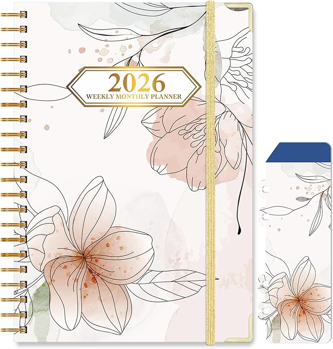 2026 Planner, Jan.2026 - Dec.2026 Planner Weekly and Monthly 6.25"x8.5" with with Page Tabs, Calendar Hardcover with Inner Pocket, Elastic Band, Twin-Wire Binding, Bookmark, Flower