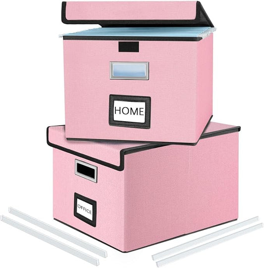 Collapsible File Storage Organizer Boxes with Lids, Linen Document Storage, Universal Hanging Filing Organization Boxes for Letter/Legal, Decorative Office/Home File Bins - Boxes Only(2 Pack)