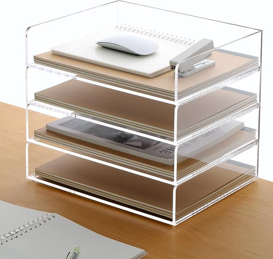 Acrylic Paper Tray, 4 Tier Paper Organizer for Desk, Clear Acrylic Desk Organizers, Stackable Letter Tray Workspace Organizer -Art Storage for School Classroom -4 Pack…