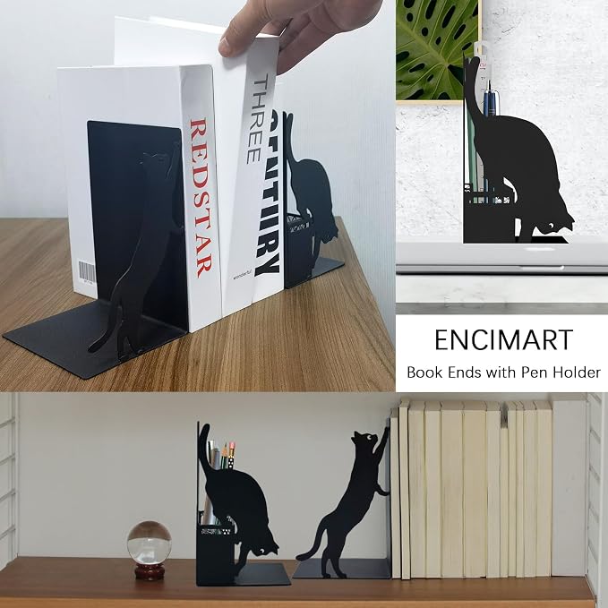 Cat Book Ends for Shelves, Metal Decorative Book Ends with Pen Holder, Fun Unique Bookends, Cool Black Cat Bookends for Home Office Desk Bookshelf Decor, Gift for Cat Lovers and Reading Enthusiasts