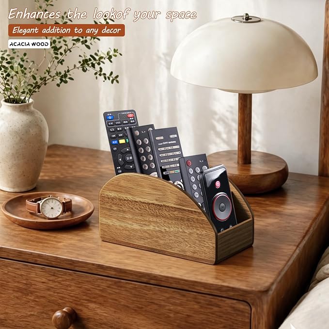 BIBELUN Large TV Remote Control Holder, Rustic Wood Nightstand Remote Caddy with 5 Compartments, Entryway Table Storage Box Organizer for Phones, Controllers, Media Player, Office Supplies, Home Décor