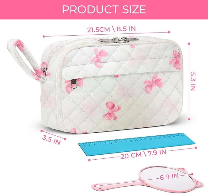 WOBAGMEN Quilted Pencil Pouch for Girls Women, Large Pencil Case Pouch with Compartments Cute Aesthetic Pencil Case Organizer, Floral Pencil Bag for School Supplies (Pink cute Bow)