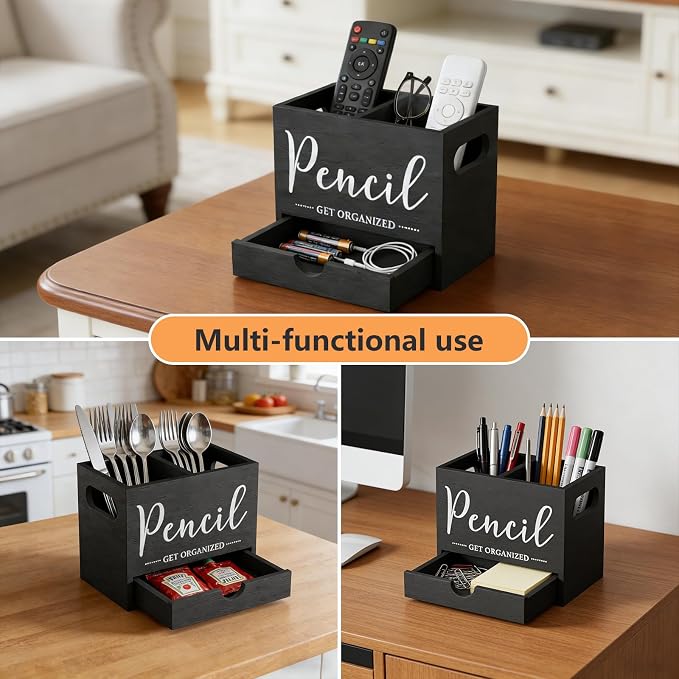 Pencil Holder with 1 Drawer, Multi-Functional Pen Holder for Desk, Desk Organizers and Accessories with 2 Compartments, Desktop Organizer for Office Home Art Supplies(Black)