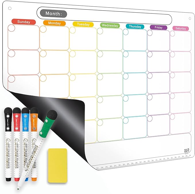 Magnetic Calendar for Fridge, Dry Erase Monthly Calendar, 16.9" x 13", 6-Week Layout, Easy to Clean, Strong Magnetic Hold, Color-Coded Planner, Includes Dual-Magnet Markers & Eraser