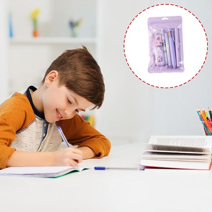 6Pcs Stationeries Set with Retractable Gel Pen Multicolored Pen Eraser Pencil Marker White Out Correction Tape Supplies