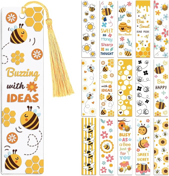 Peacoblue 30pcs UV DTF Bookmarks Transfer Stickers Wraps Bee and Flowers for Women Men Reading, Waterproof Bookmarkers Decal(No Blank Bookmarks) for Acrylic Plastic Metal Blank Bookmark