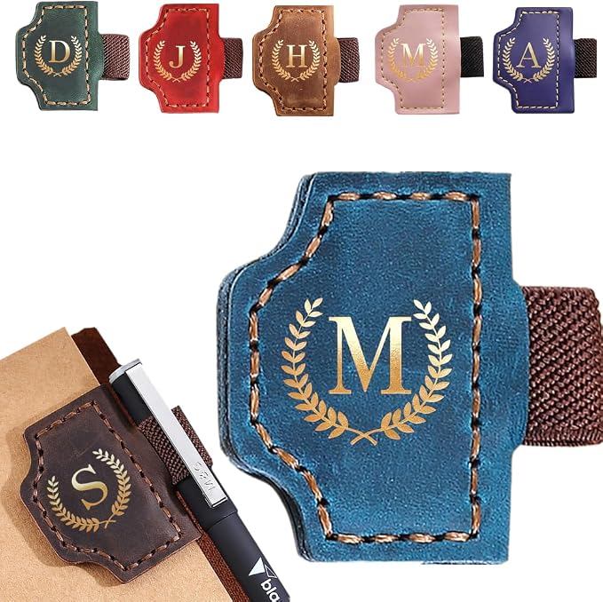 Personalized Mark Bookmark with Pen Holder, Leather Magnetic Book Marker 26 Letters,Custom Initials Page Marks, Gifts for Book Lovers Readers Men Women (Blue, M)