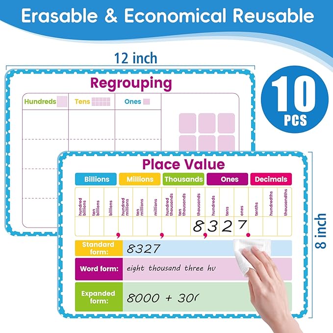10 Packs Place Value Dry Erase Boards, Double Sided Math Manipulatives Whiteboards for Teaching Billions to Decimals, Writable Erasable for Students Classroom Home Homeschool (12” x 8”)