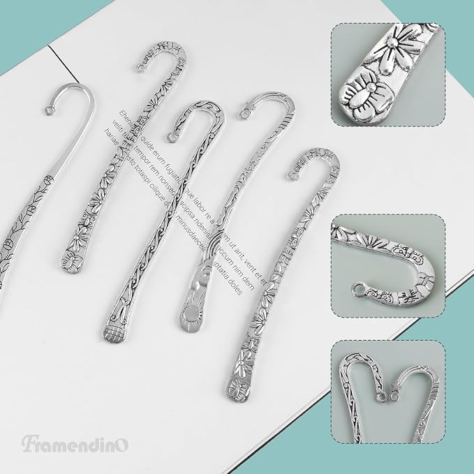 Framendino, 12 Pack Metal Bookmark Hairpin Hook Antique Tibetan Silver Carved Book Marks with Loop for Crafting