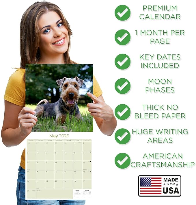 Airedale Calendar 2026 by MegaCalendars – Monthly Dog Breed Wall Calendar, Made in USA