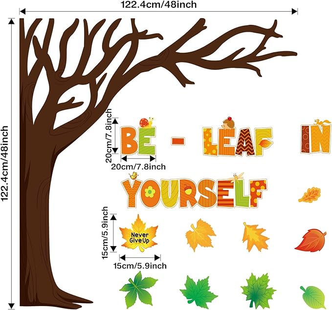 Funrous Fall Bulletin Board Decorations Classroom Fall Tree Maple Leaves Pumpkin Bulletin Board Set Be Leaf in Yourself Inspirational Quote Cutout Autumn Thanksgiving School Wall Decor(Maple Leaf)