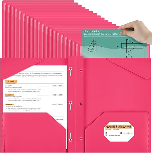 Henoyso 72 Pcs Plastic Folder with Clear Front Pocket and 3 Prong Plastic Folders with Card Slot Pocket Folders with Prongs for School Office (Rose Pink)