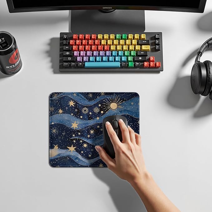 Fantasy Starry Night Sky Mouse Pad, Celestial Sun Star Galaxy Gifts for Women, Blue and Gold Galaxy Mouse Pad for Home Office Computer Gaming Desk Essentials, 9.5x7.9 Inch