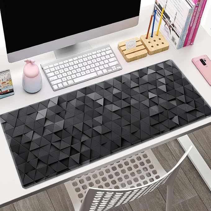 Gaming Mouse Pad, Large Mouse Pads for Desk, Non-Slip Rubber Base Mousepad, Keyboard Mouse Mat, Desk Pad with Stitched Edges, 31.5x11.8inch, Black Grey Triangular Abstract