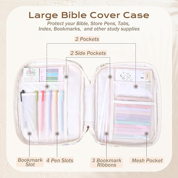 XKDOUS Bible Bag for Women Large Bible Cover Case Kit with Handle, Tabs, Study Supplies Journaling Kit Church Book Holder Quilted Carrying Case Christian Gifts for Lady Friends