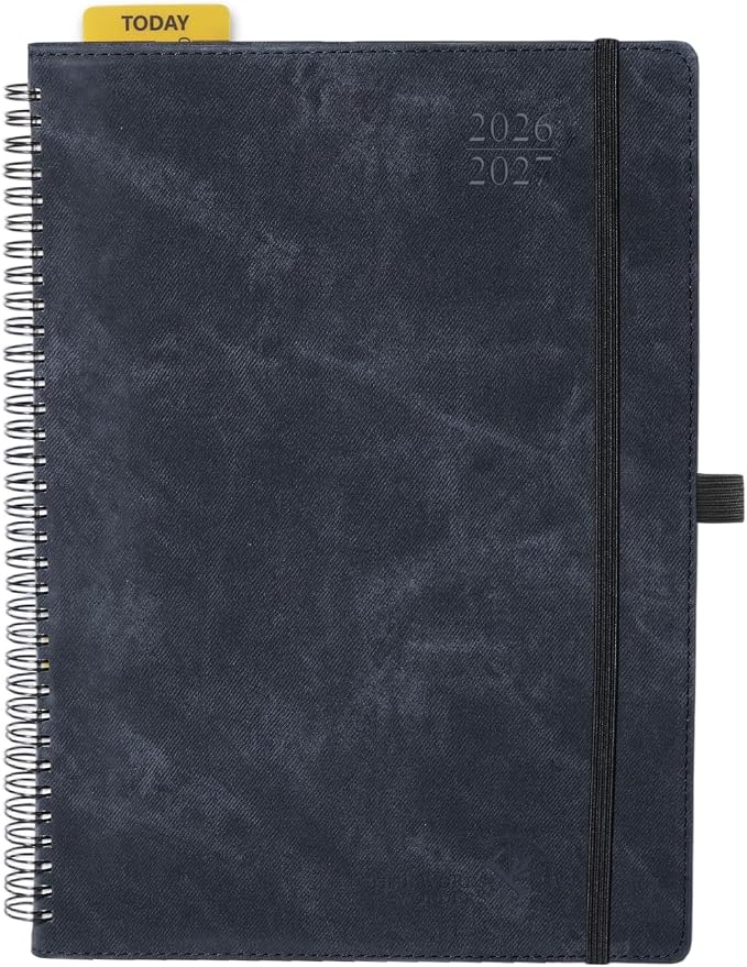 POPRUN 2026-2027 Academic Weekly Planner, Large Size 8.25" x 11.75", July 2026 to June 2027, Spiral Bound Calendar with Vertical Layout, 15 minutes Time Slots, Leather Soft Cover, Monthly Tabs - Black
