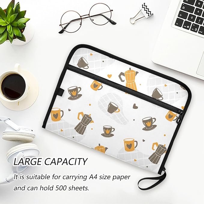 Cute Coffee Cups File Folders,Plastic Folders with 13 Pockets,Expandable File Folder for Documents School Students Office,Aesthetic Folder with Labels A4 Letter Size