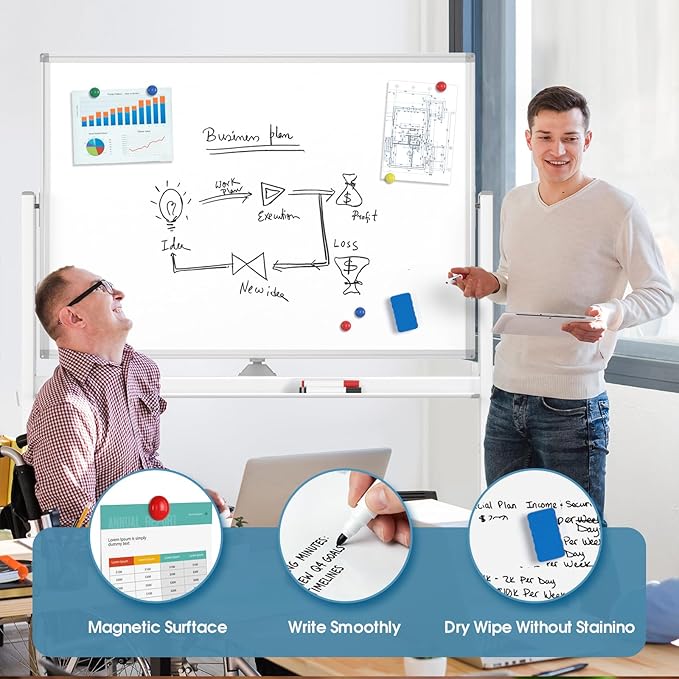 MaxGear Rolling Whiteboard, 48x32 Mobile White Board on Wheels, Double-Sided Magnetic Dry Erase Board with Stand, Adjustable Height Large Whiteboard for Home, School & Office, White