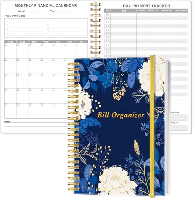 Bill Organizer - Monthly Bill Payment for Personal Budgeting Financial, Payments Checklist Organizer, 5.8" x 8.5", Blue Leaf Flower