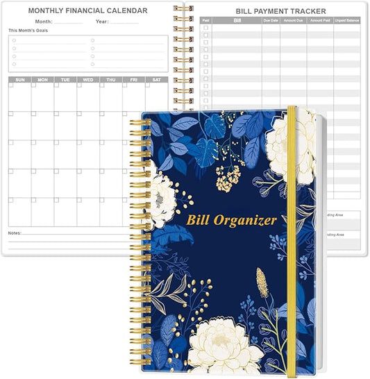 Bill Organizer - Monthly Bill Payment for Personal Budgeting Financial, Payments Checklist Organizer, 5.8" x 8.5", Blue Leaf Flower