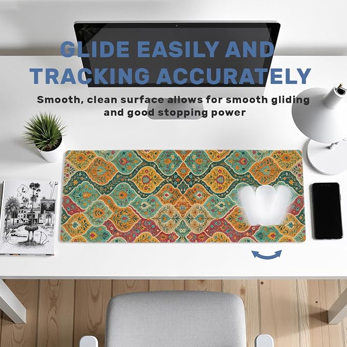 Boho Desk Mat Gaming Mouse Pad Floral Paisley Vintage Retro Carpet Mousepad Computer Keyboard Pad Mouse Mat Laptop Mat 31.5 x 11.8 Mouse Pads for Desk Home Office Gaming