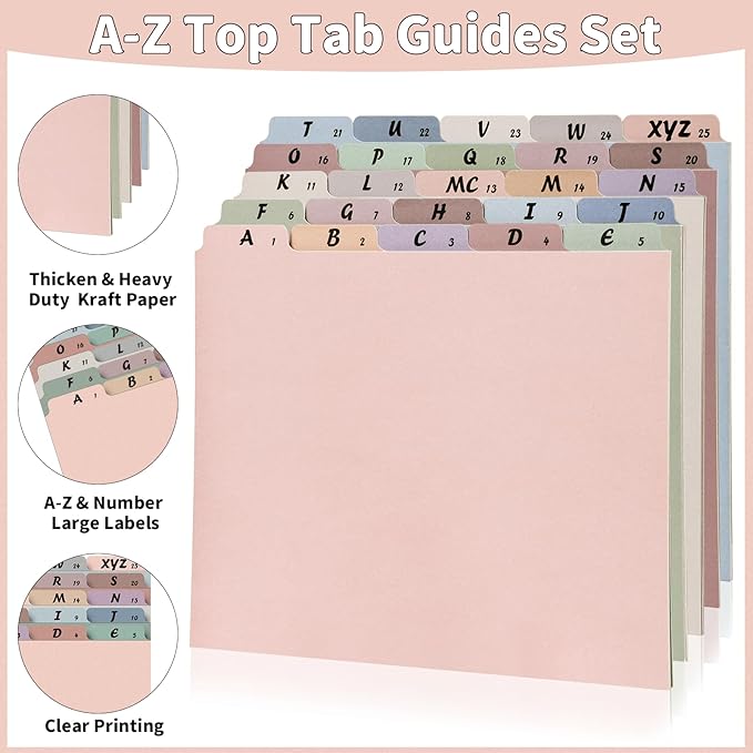 2 Set 50 Pcs Alphabetical File Organizer 12 Color A-Z Top Tab Alphabet File Cabinet Dividers Letter-Size 1/5 Cut Tab File Folder Guide 500 GSM Heavyweight Manila Cardboard for Office Home School Desk