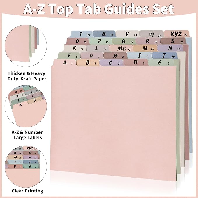 1 Set 25 Pcs Alphabetical File Organizer 12 Colors A-Z Top Tab Alphabet File Cabinet Dividers Letter-Size 1/5 Cut Tab File Folder Guide 500 GSM Heavyweight Manila Cardboard for Office Home School Desk