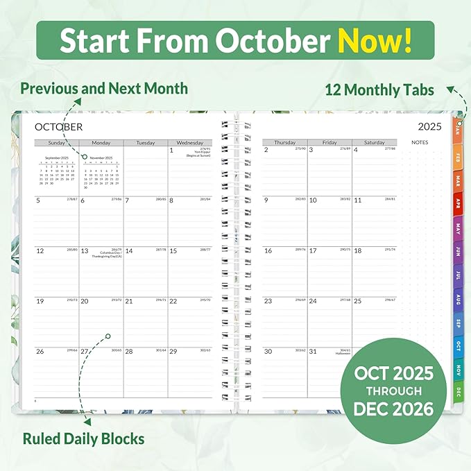 SUNEE 2026 Appointment Book, 2026 Hourly Planner 6.4"x8.3", Hourly, Weekly & Monthly Planner - from January 2026 - December 2026, Flexible Cover, Note Page, Pocket, Bookmark, Leaves