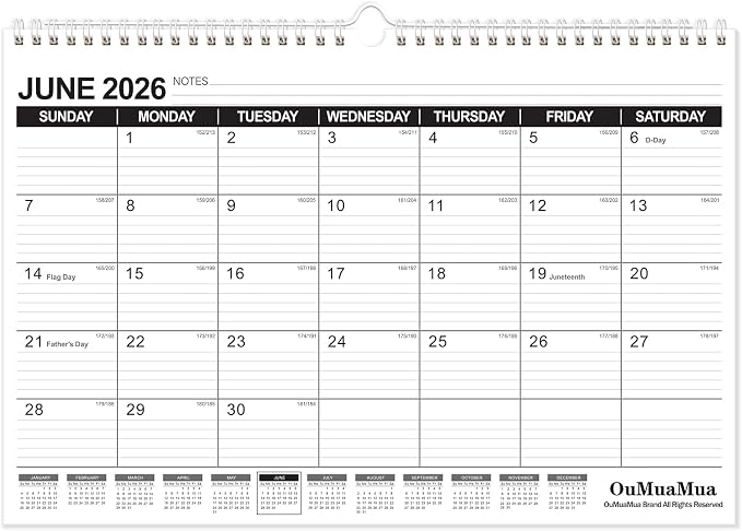 OuMuaMua Wall Calendar 2026-2027, 19 Months Academic Calendar 17" × 11.5" Hanging Planner from Jun. 2026 to Dec. 2027 with Julian Date, Ruled Blocks for Office Home Planning & Organizing
