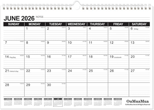 OuMuaMua Wall Calendar 2026-2027, 19 Months Academic Calendar 17" × 11.5" Hanging Planner from Jun. 2026 to Dec. 2027 with Julian Date, Ruled Blocks for Office Home Planning & Organizing
