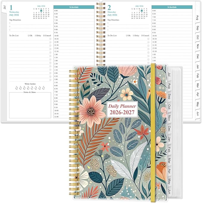 2026-2027 Daily & Monthly Planner - One Page Per Day, Daily Planner from July 2026 - June 2027, Planner 2026-2027 with 12 Monthly Tabs, 8.5" x 11", Flower-A