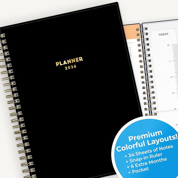 Blue Sky 2026 Weekly and Monthly Planner Calendar, January 2026 - December 2026, 5.875” x 8.625”, Flexible Cover, Storage Pocket, Ruler, Colorful Interior, Includes Extra 30 Sheets of Notes, Black